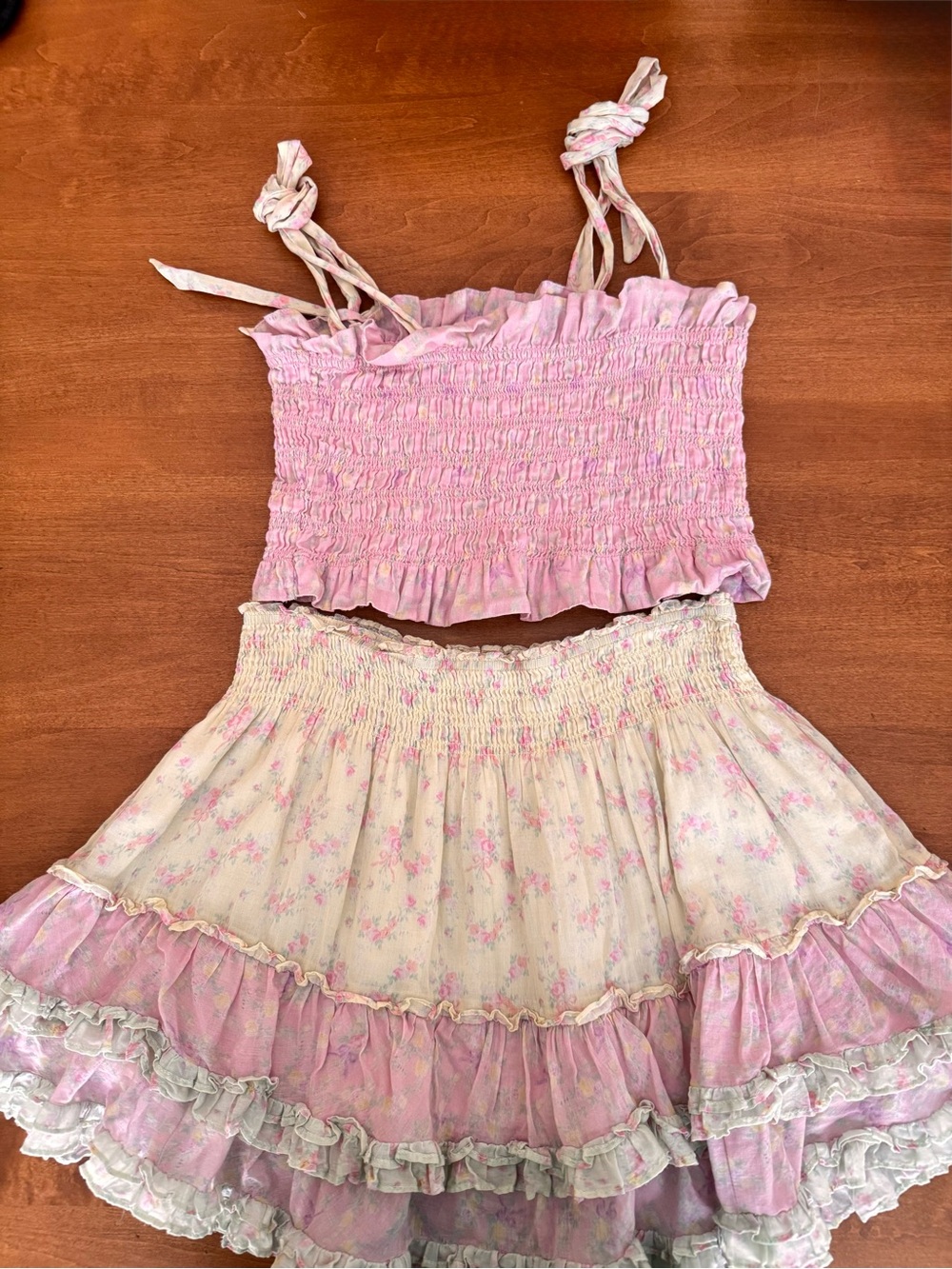 LoveShackFancy Pink Smocked Tank Top & Cream Floral Ruffle Skirt Set